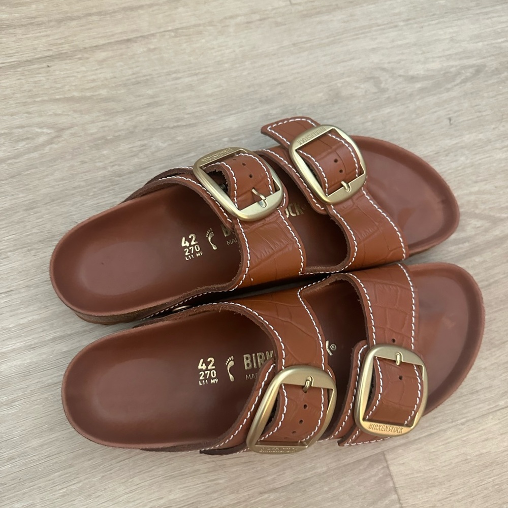 Brown STAUD x Birkenstock Sandals with Gold Buckles
